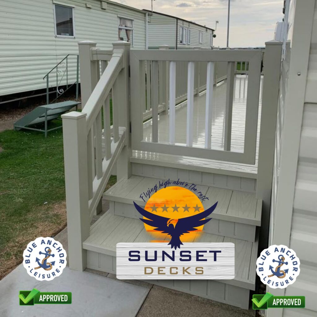 Grey UPVC caravan deck gate and steps